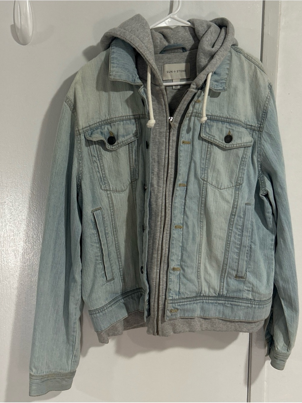 Sun + Stone Mens Light Wash Hooded Denim Phoenix Trucker Jacket Grunge Y2K SZ XL